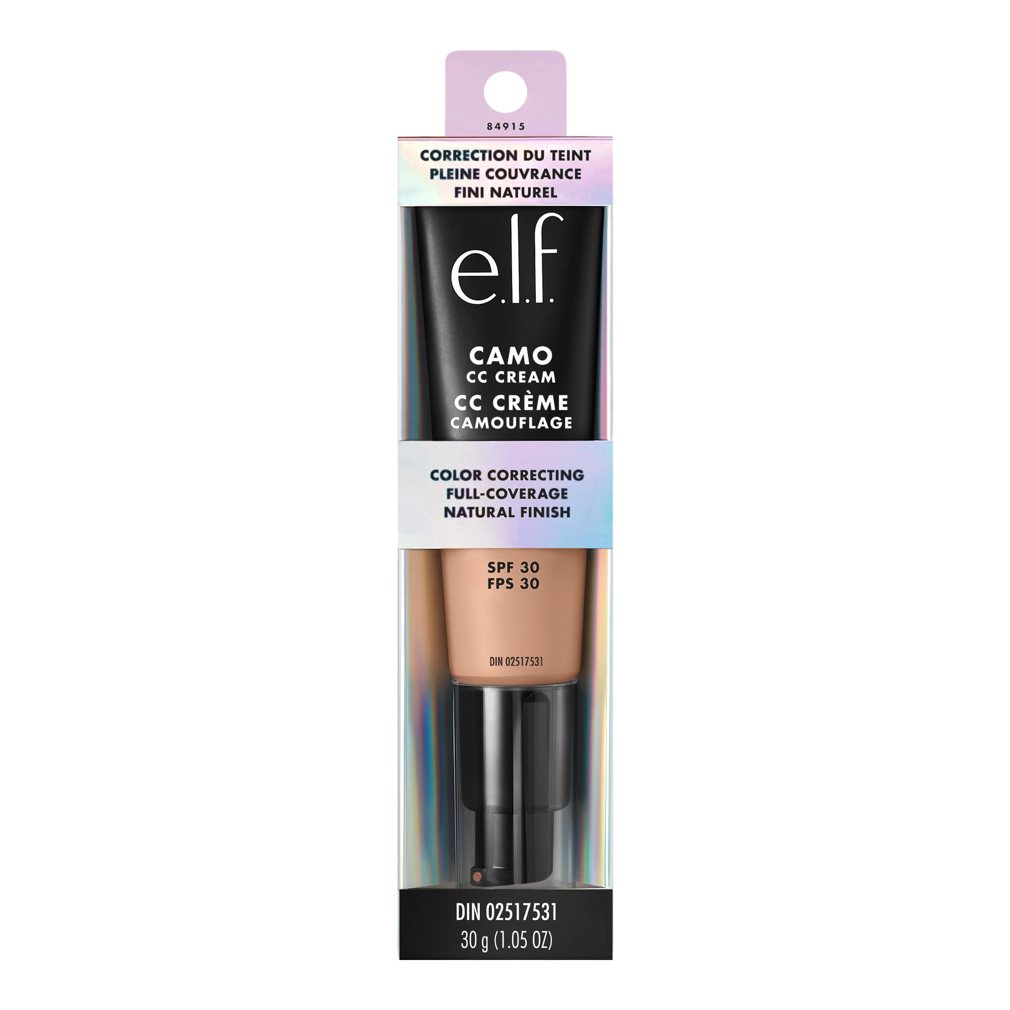 e.l.f. Camo CC Cream close label shot listing hyaluronic acid and peptides benefit