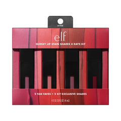 e.l.f. kit front view showing four glossy lip stains and compact box, easy color variety