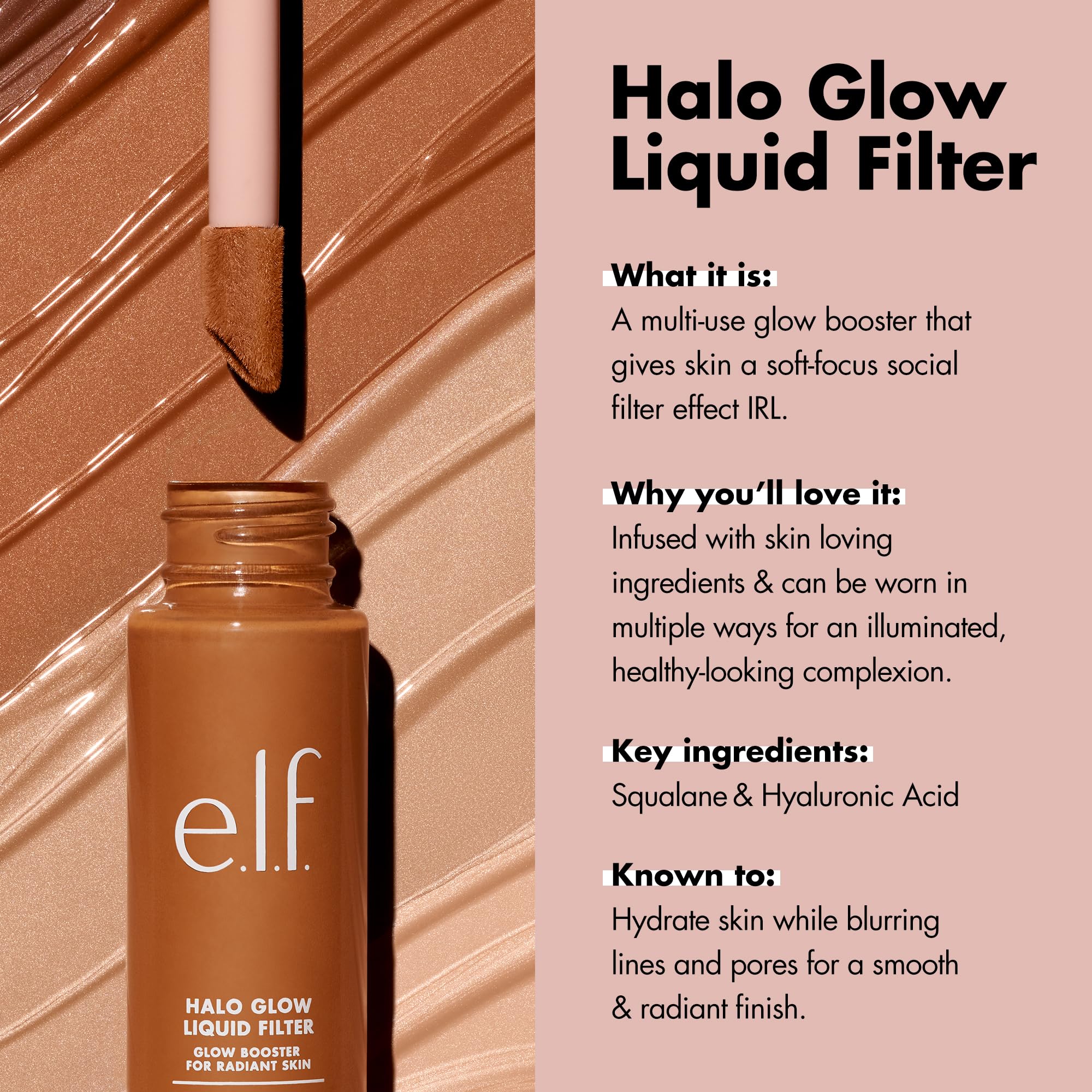 e.l.f. Halo Glow texture drop on fingertip displaying dewy liquid and blendable finish benefit