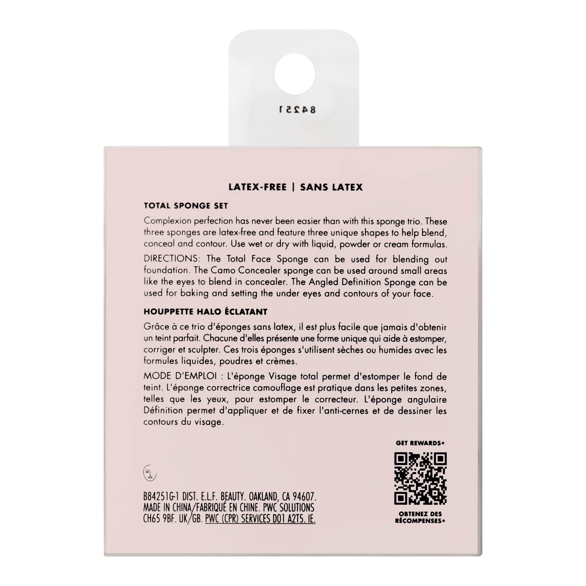 e.l.f. trio sponge set on vanity demonstrating compact, travel-ready convenience