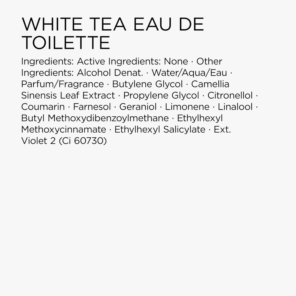 label detail on Elizabeth Arden White Tea mini showing ingredients and authenticity