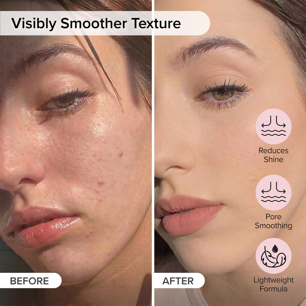 Elizabeth Mott primer applied to cheek showing pore-blurring effect