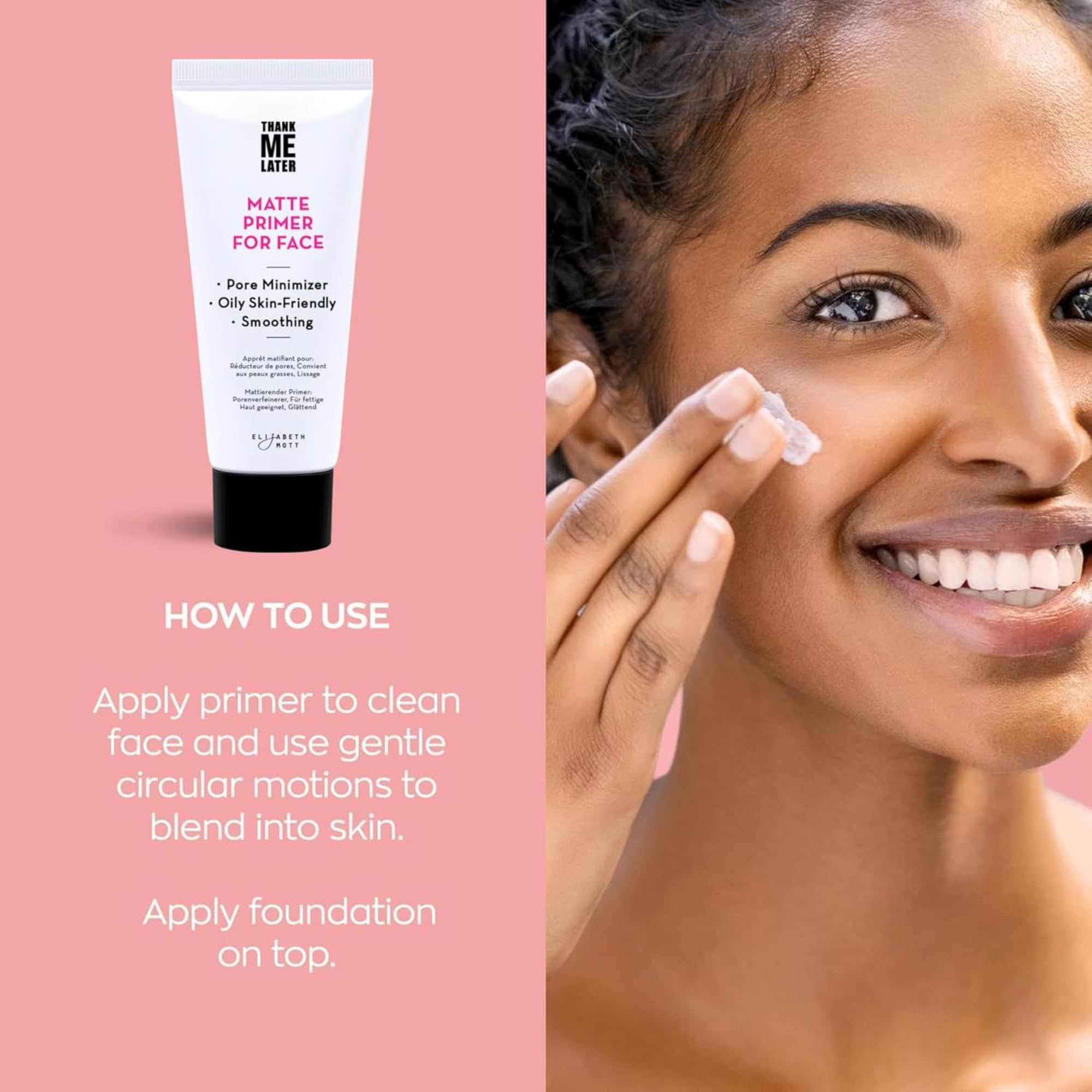 Elizabeth Mott face primer blended on skin for visible pore smoothing