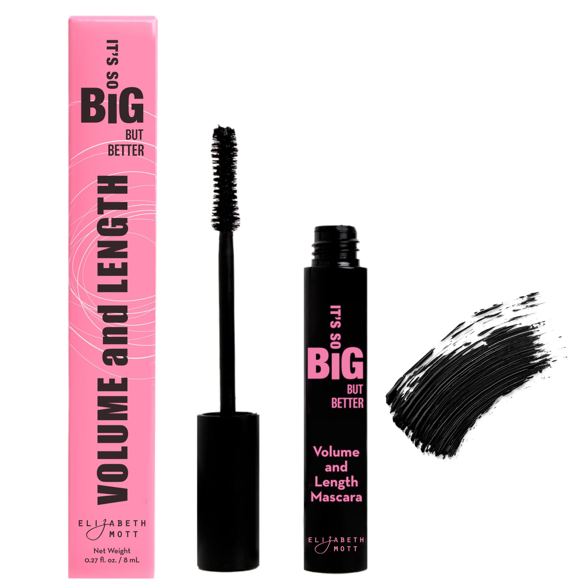Elizabeth Mott front packaging showing sleek black tube and branding benefit: clear product ID