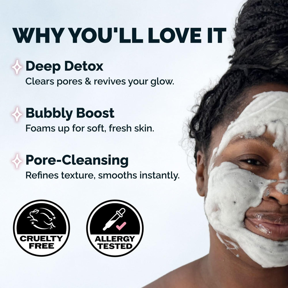 Elizabeth Mott mask foaming on model's cheek demonstrating deep-cleaning bubbles