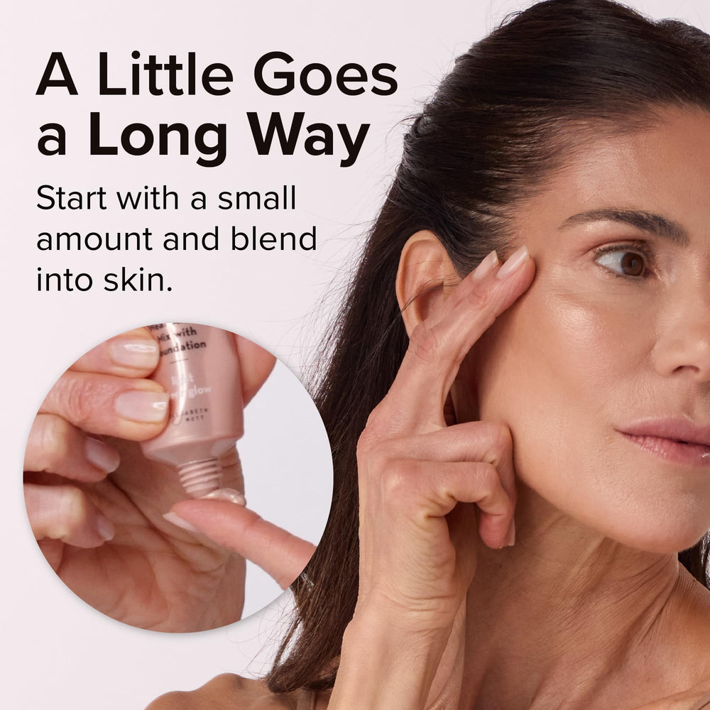 mixing Elizabeth Mott with foundation demonstrating customizable radiance benefit