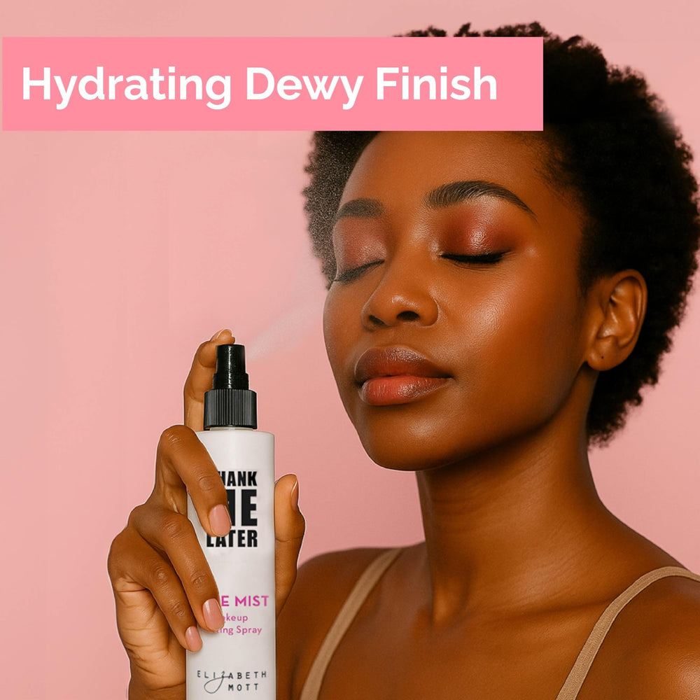 Elizabeth Mott flatlay with makeup items showing spray as essential finishing step