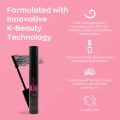 Elizabeth Mott wand and corset-shaped brush showing precise application benefit: even lash coverage