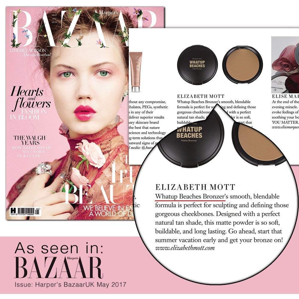 Elizabeth Mott bronzer in a beach-themed makeup bag suggesting everyday bronzed glow portability