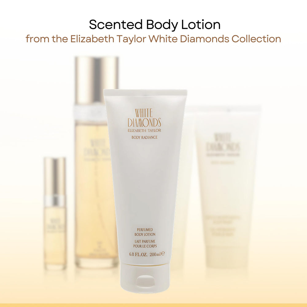Elizabeth Taylor White Diamonds lotion texture poured on hand showing smooth moisturizing finish