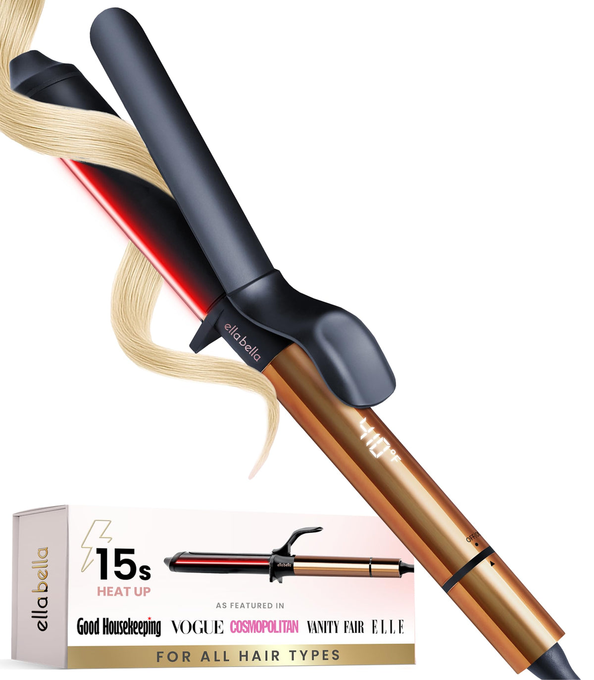 ELLA BELLA 1-inch wand front view showing sleek design and controls for easy styling