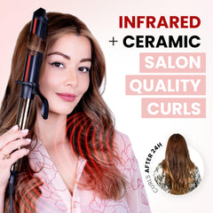 ELLA BELLA ceramic barrel closeup demonstrating smooth surface for even heat and reduced frizz