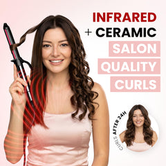 ELLA BELLA ceramic barrel close-up highlighting smooth surface for reduced frizz