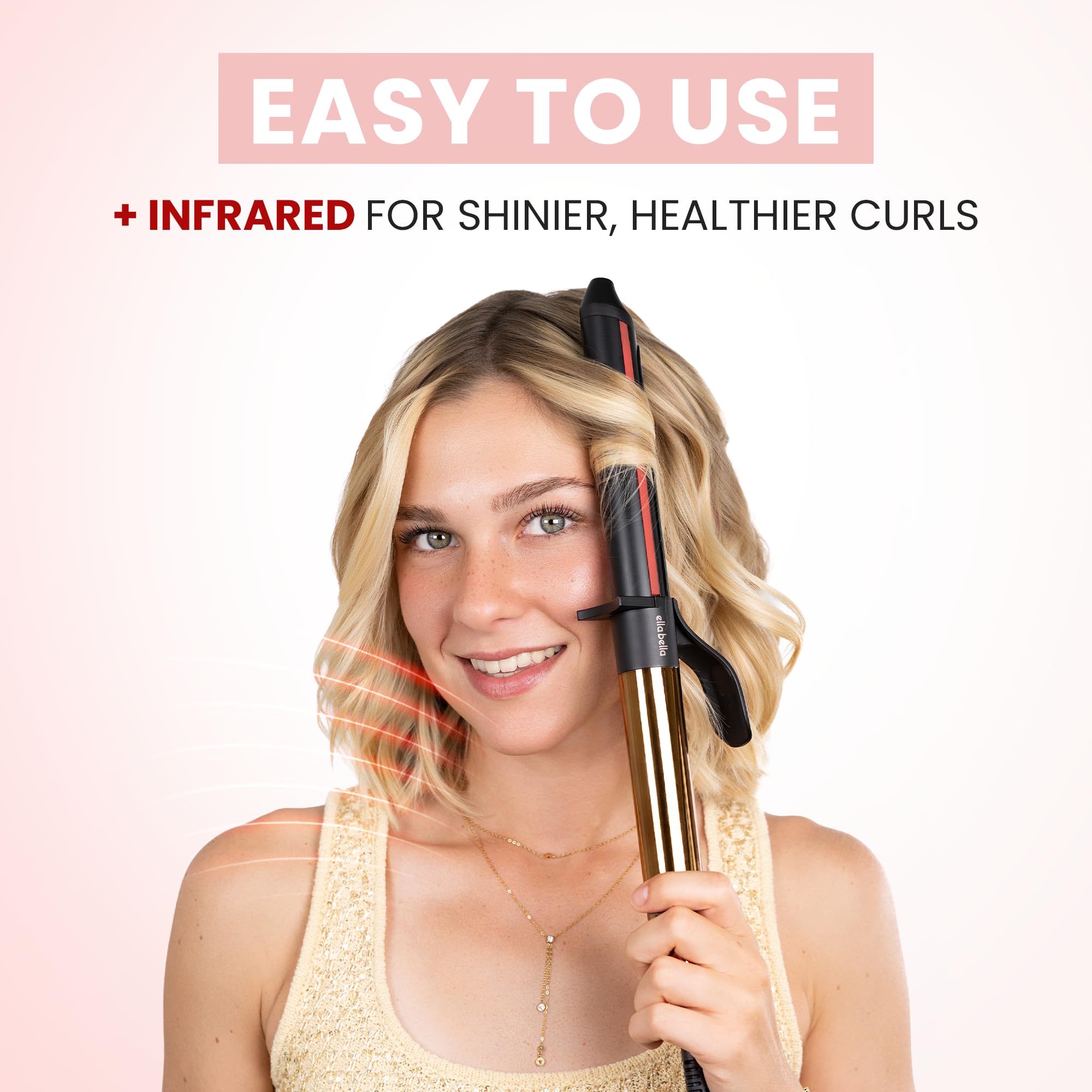 ELLA BELLA styled curls on model showing long-lasting, salon-like results
