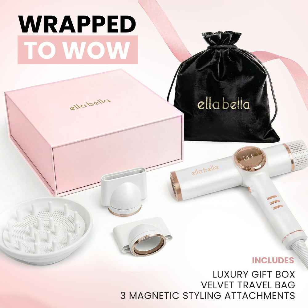 ELLA BELLA dryer held in hand to show size and travel-friendly convenience
