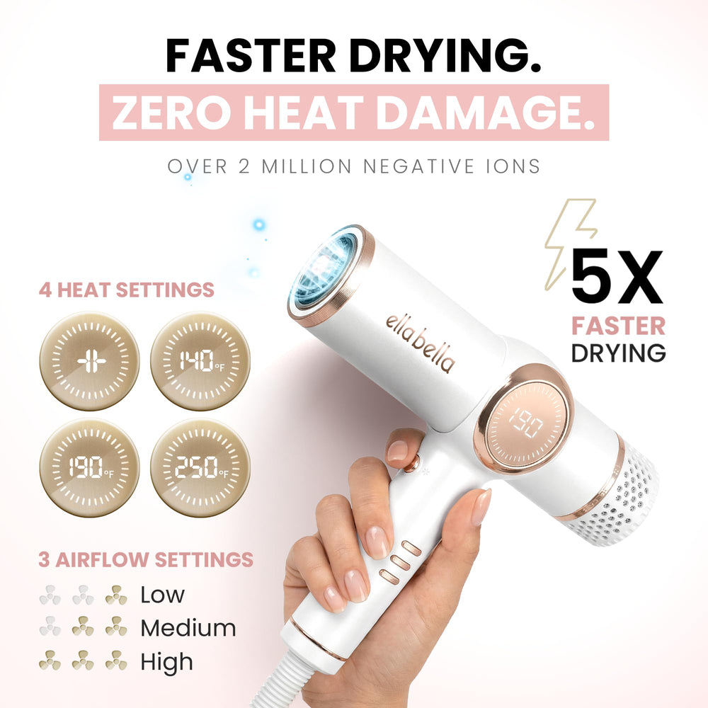 ELLA BELLA magnetic nozzles displayed for quick attachment and styling versatility
