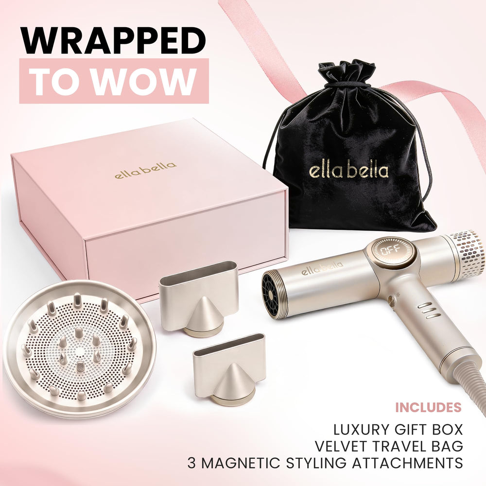 ELLA BELLA hand holding dryer to show lightweight feel and reduced wrist strain