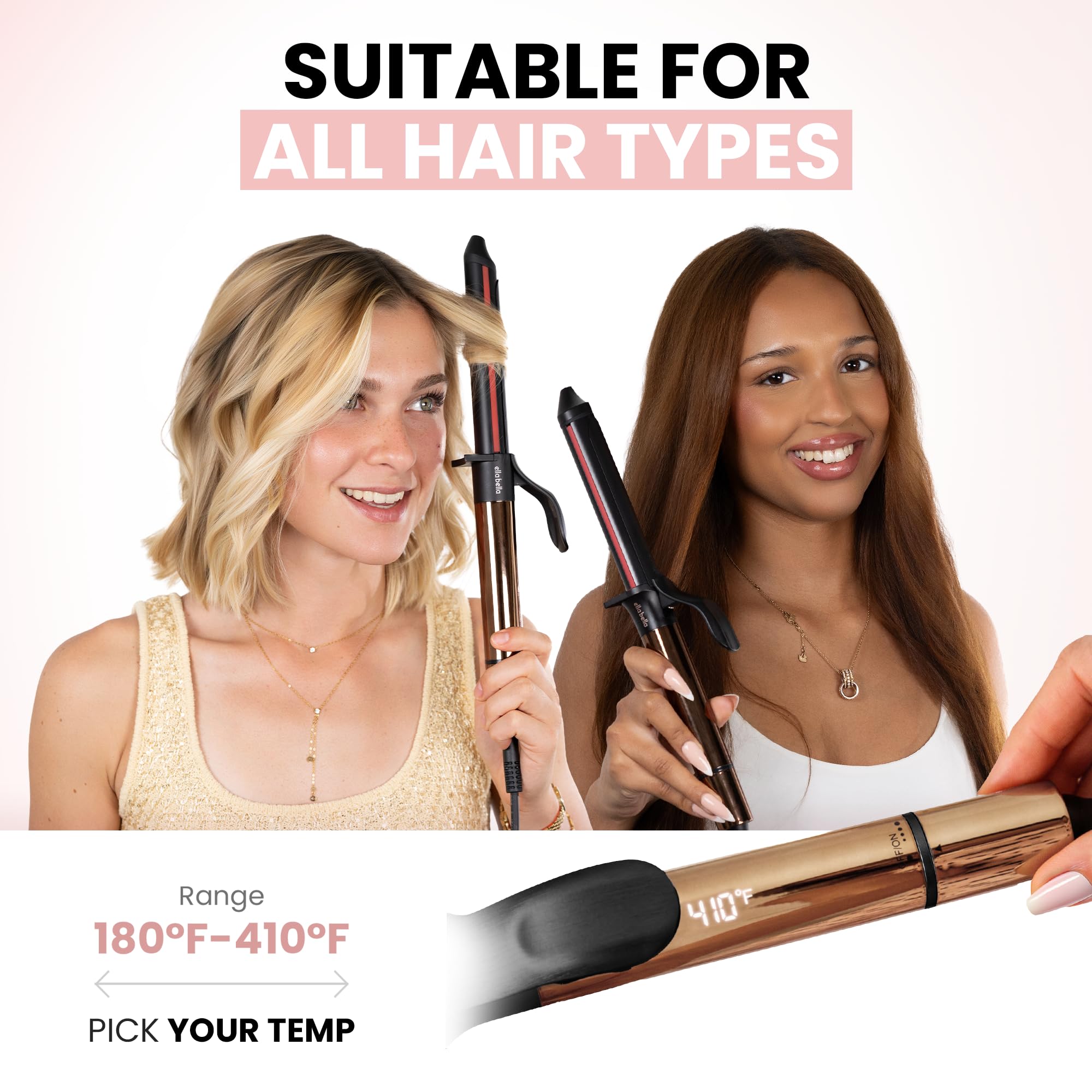 ELLA BELLA curling wand in use on long hair creating defined waves and shine
