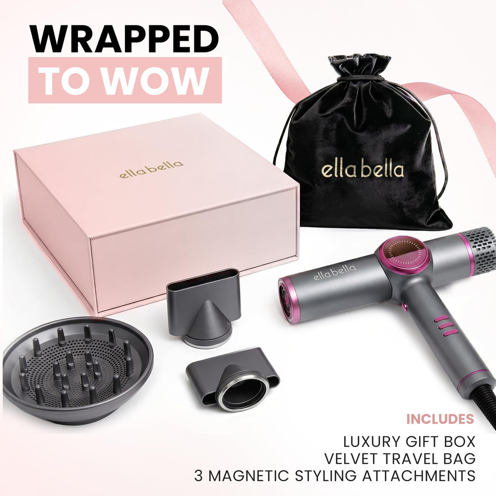 ELLA BELLA dryer in use smoothing hair for shinier, frizz-free results