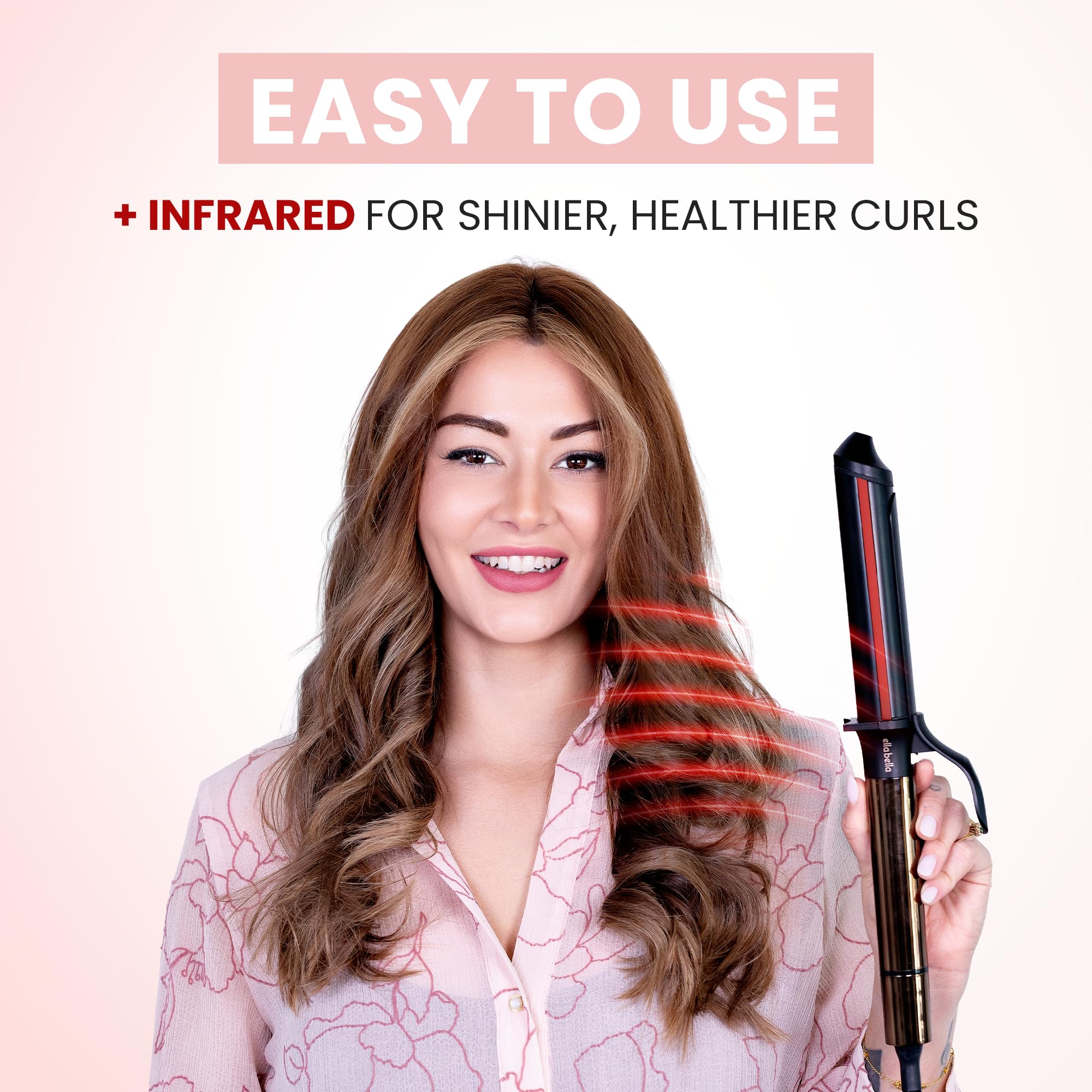 ELLA BELLA scale comparison with hair section illustrating 1.5-inch barrel size for versatile curls
