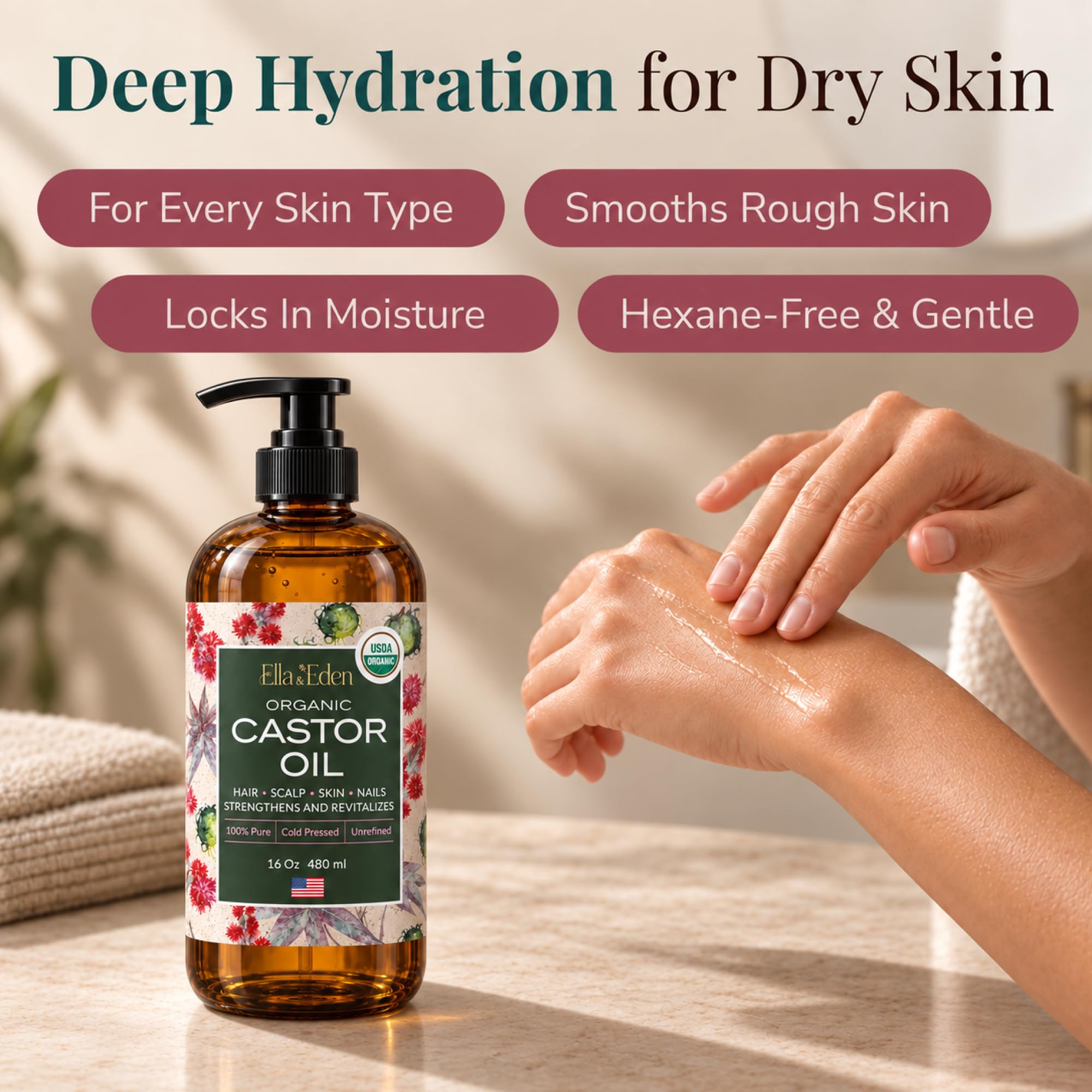 Ella & Eden oil being dabbed on dry elbow area to lock in moisture