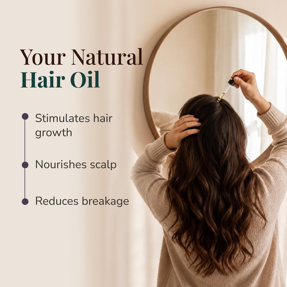 Applying Ella & Eden rosemary oil to scalp to nourish and hydrate hair
