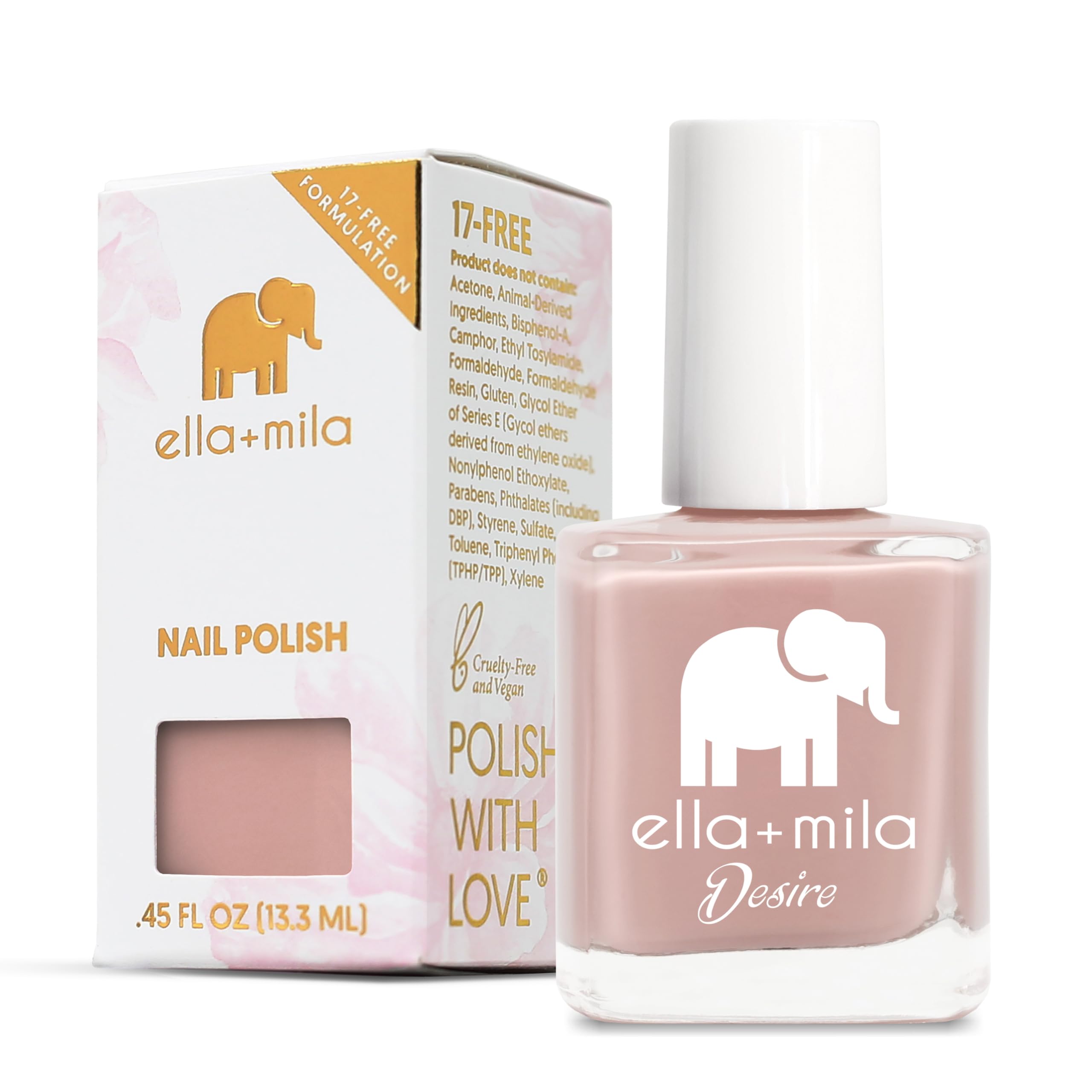 ella+mila bottle front view showing Desert Suede shade and glossy finish benefit