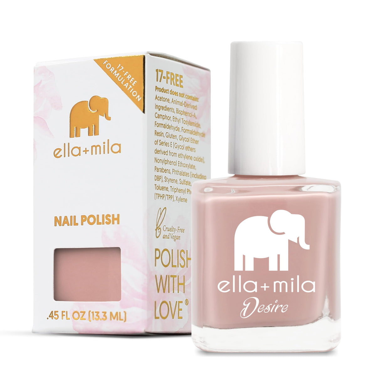 ella+mila bottle front view showing Desert Suede shade and glossy finish benefit