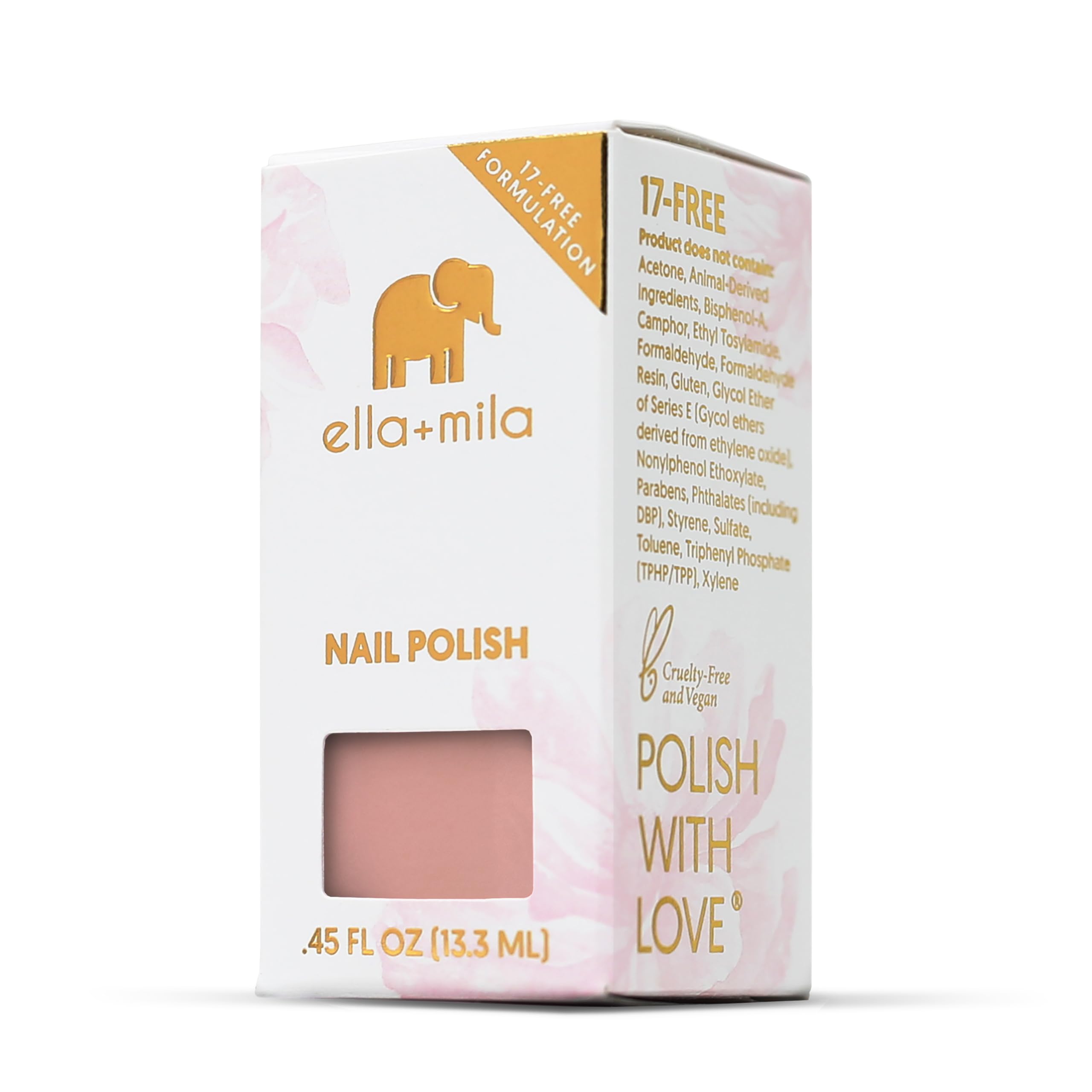 ella+mila label with PETA and 17-free icons showing ethical, safer benefit