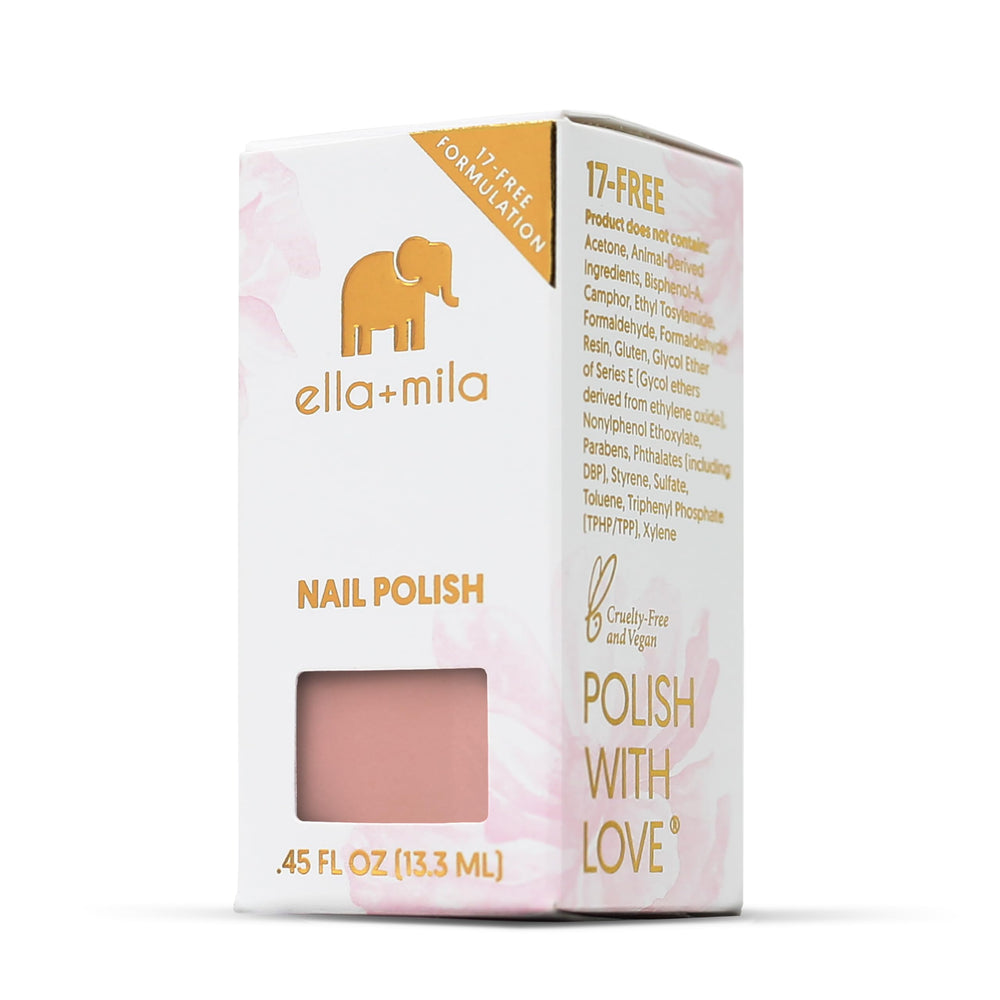 ella+mila label with PETA and 17-free icons showing ethical, safer benefit