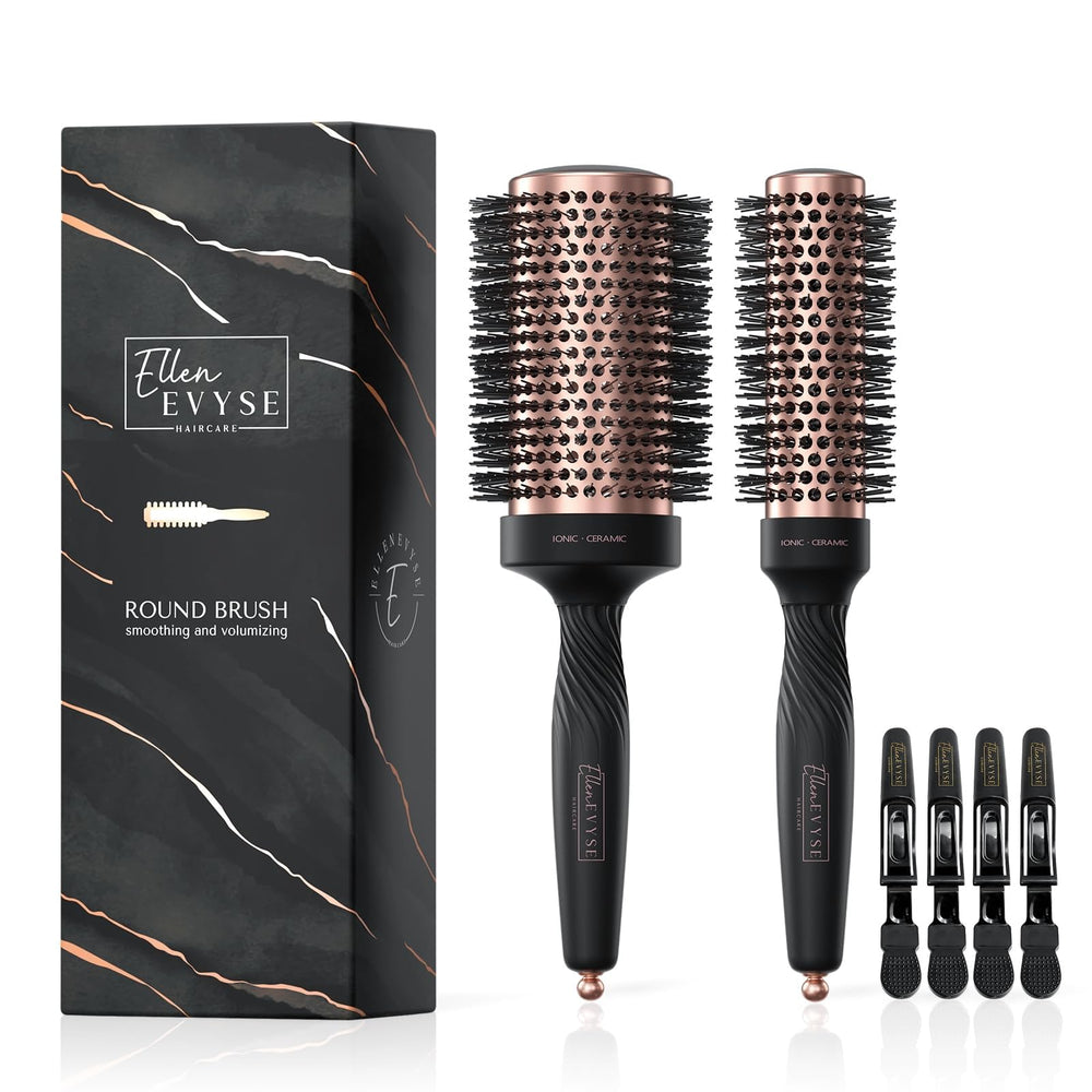 Ellen Evyse front view of round brush showing gold finish and barrel benefits