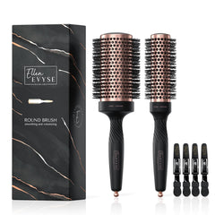 Ellen Evyse front view of round brush showing gold finish and barrel benefits
