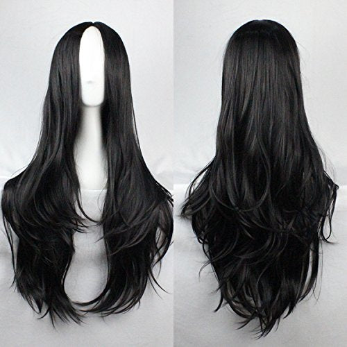 Ellena black wig front view showing long curly middle part for dramatic style