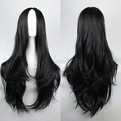 Ellena black wig front view showing long curly middle part for dramatic style