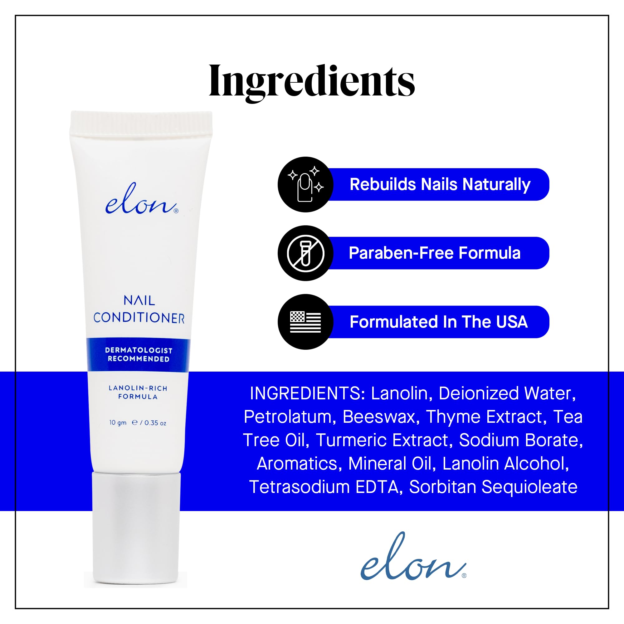 Elon label ingredients detail highlighting lanolin beeswax tea tree oil