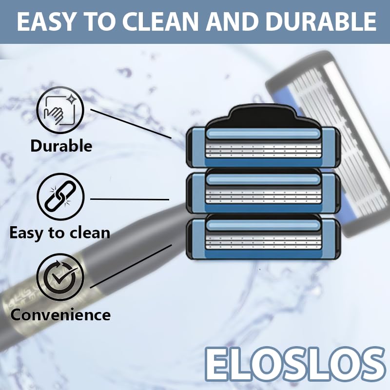Eloslos cartridge during wet shave in bathroom showing smooth shave benefit