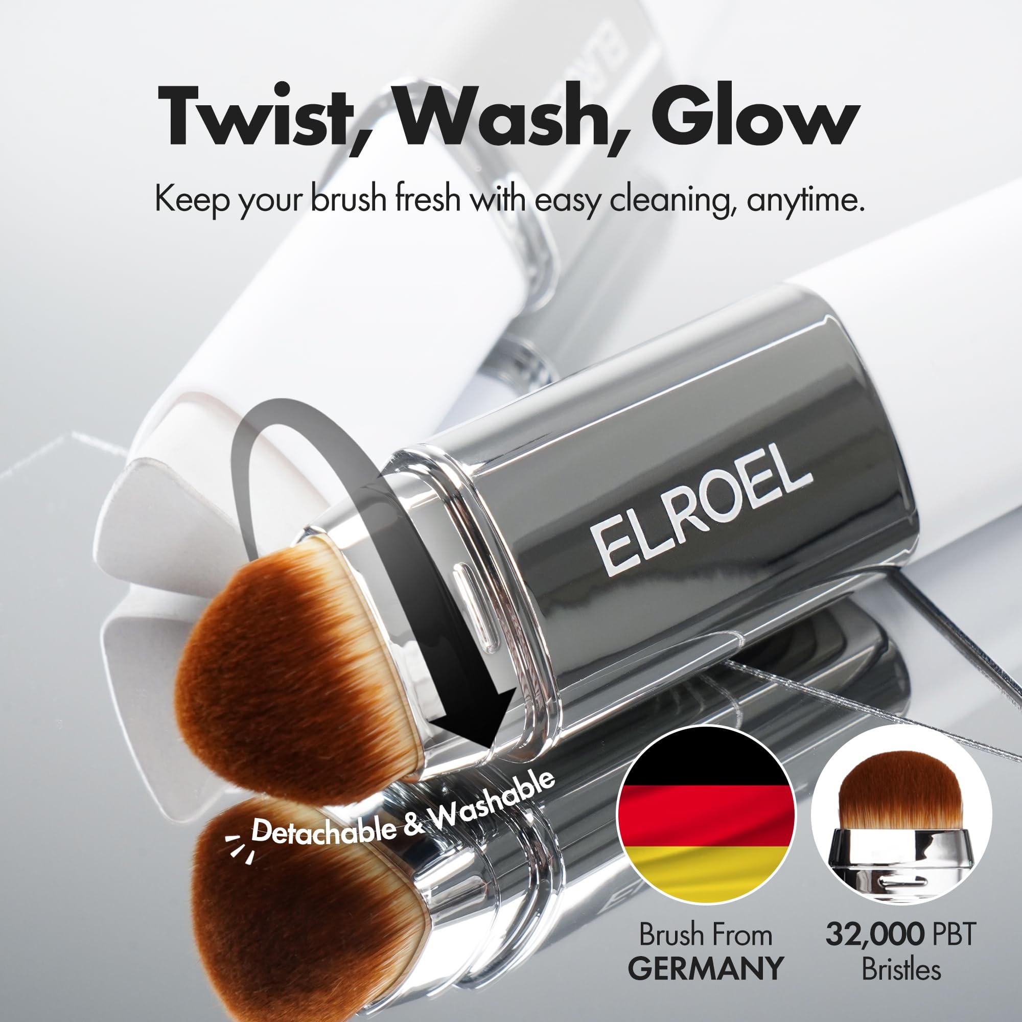 ELROEL hand demonstrating on-skin transformation from white balm to tinted foundation for instant coverage