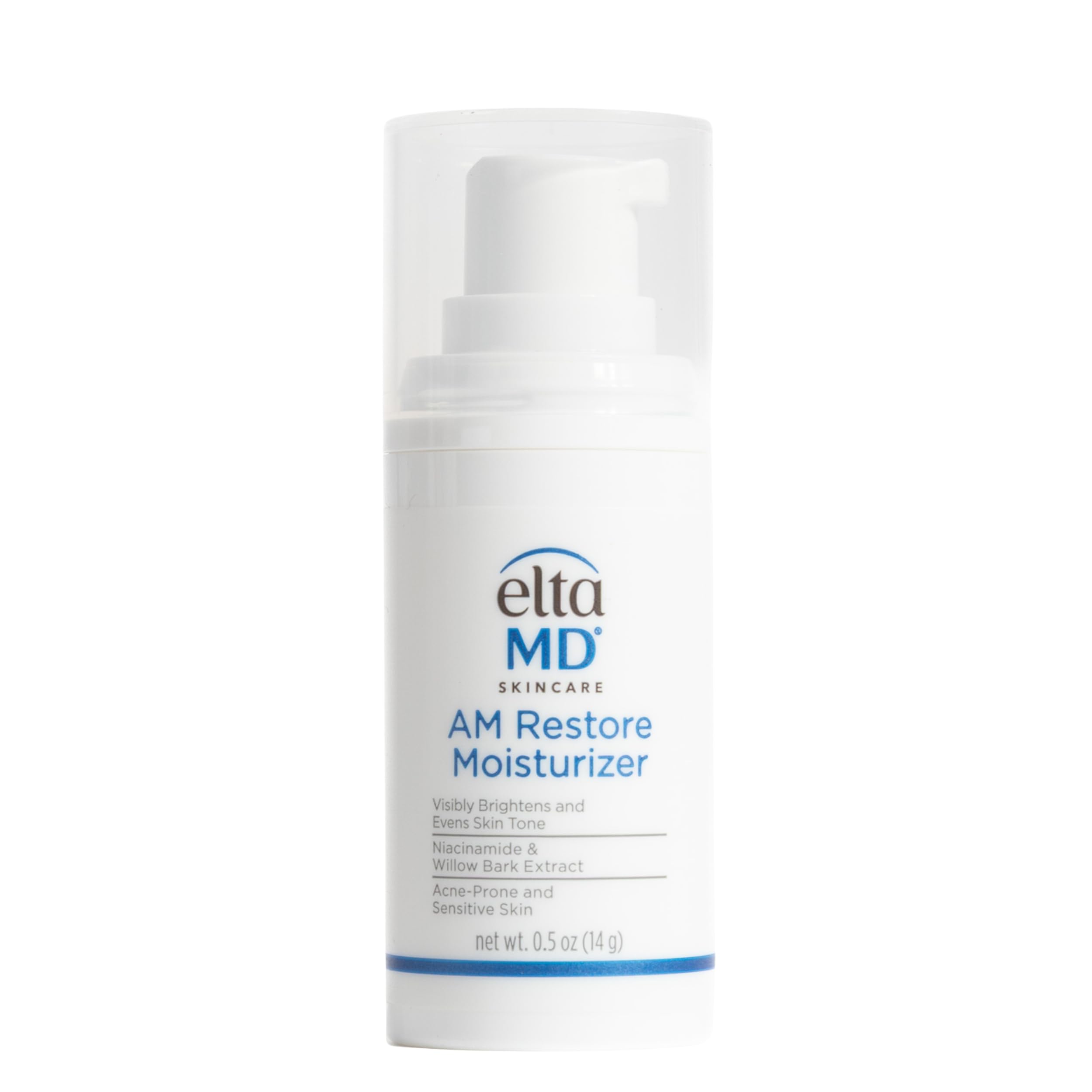EltaMD AM Restore front pump bottle showing compact travel-friendly packaging and easy dispensing