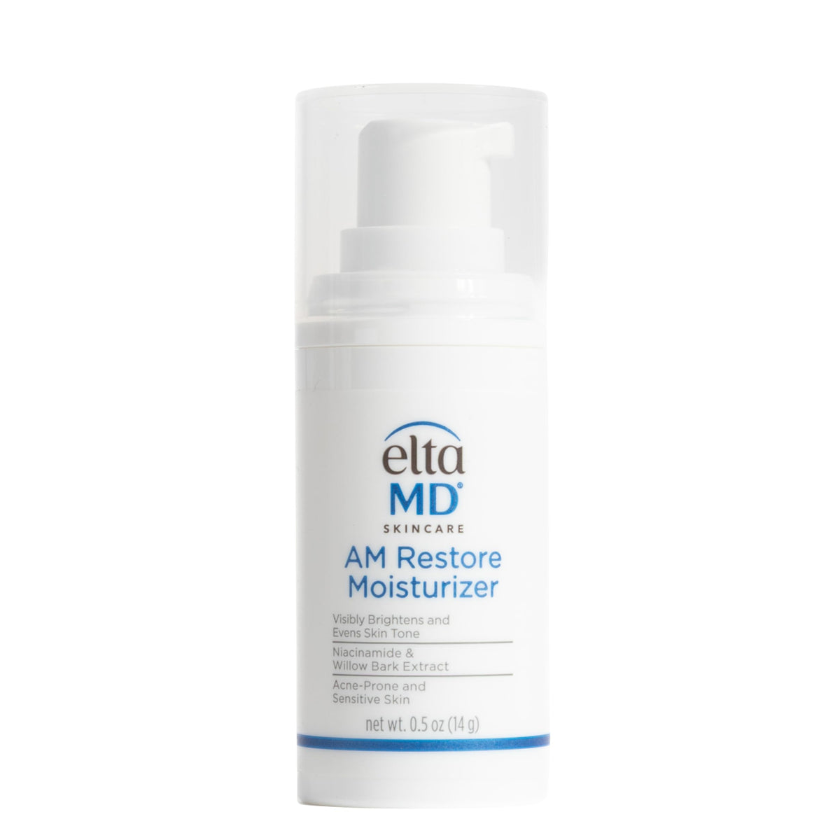 EltaMD AM Restore front pump bottle showing compact travel-friendly packaging and easy dispensing