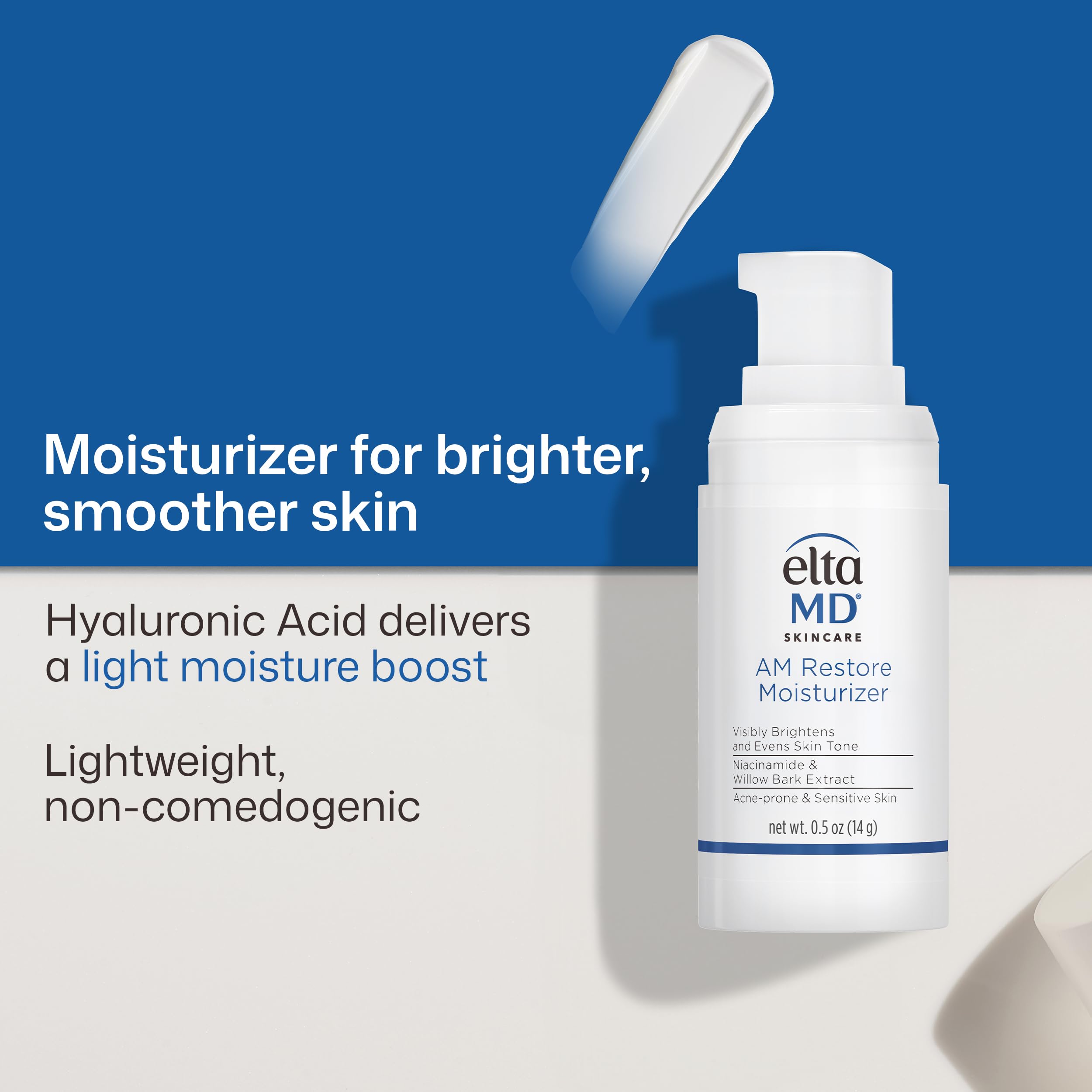 EltaMD AM Restore ingredient callout highlighting niacinamide and hyaluronic acid benefits