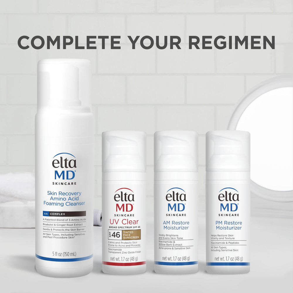 EltaMD bottle on bathroom shelf showing daily routine compatibility benefit