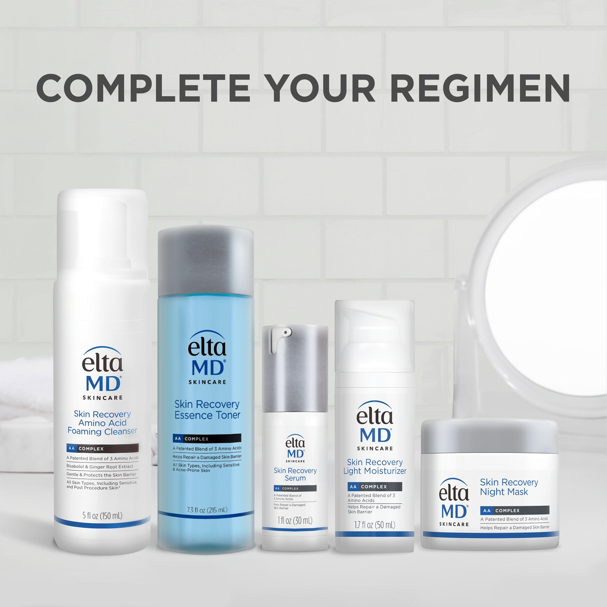 EltaMD serum styled on bathroom shelf in daily routine to show layering with moisturizer