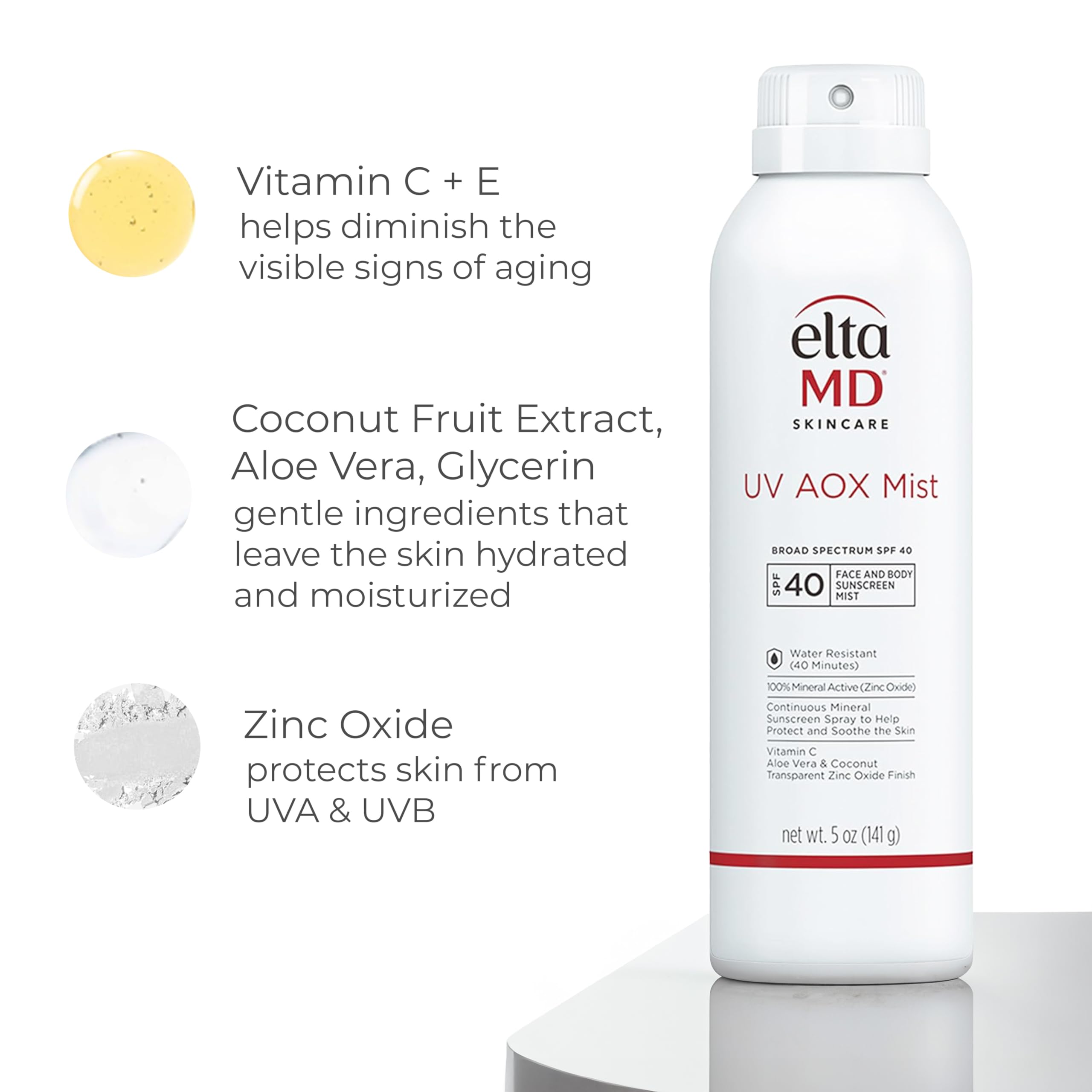 EltaMD ingredient label highlighting zinc oxide and antioxidant blend benefit