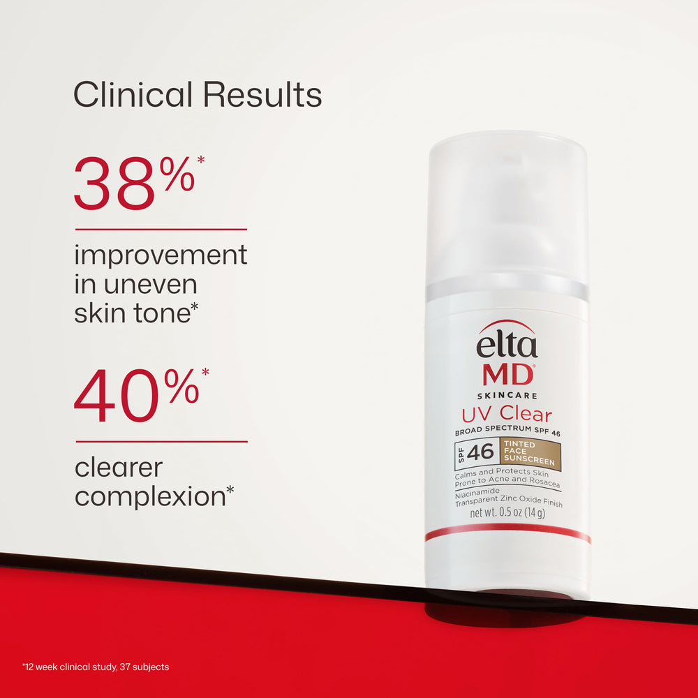 EltaMD UV Clear tinted ingredient panel focused on niacinamide and hyaluronic acid benefits