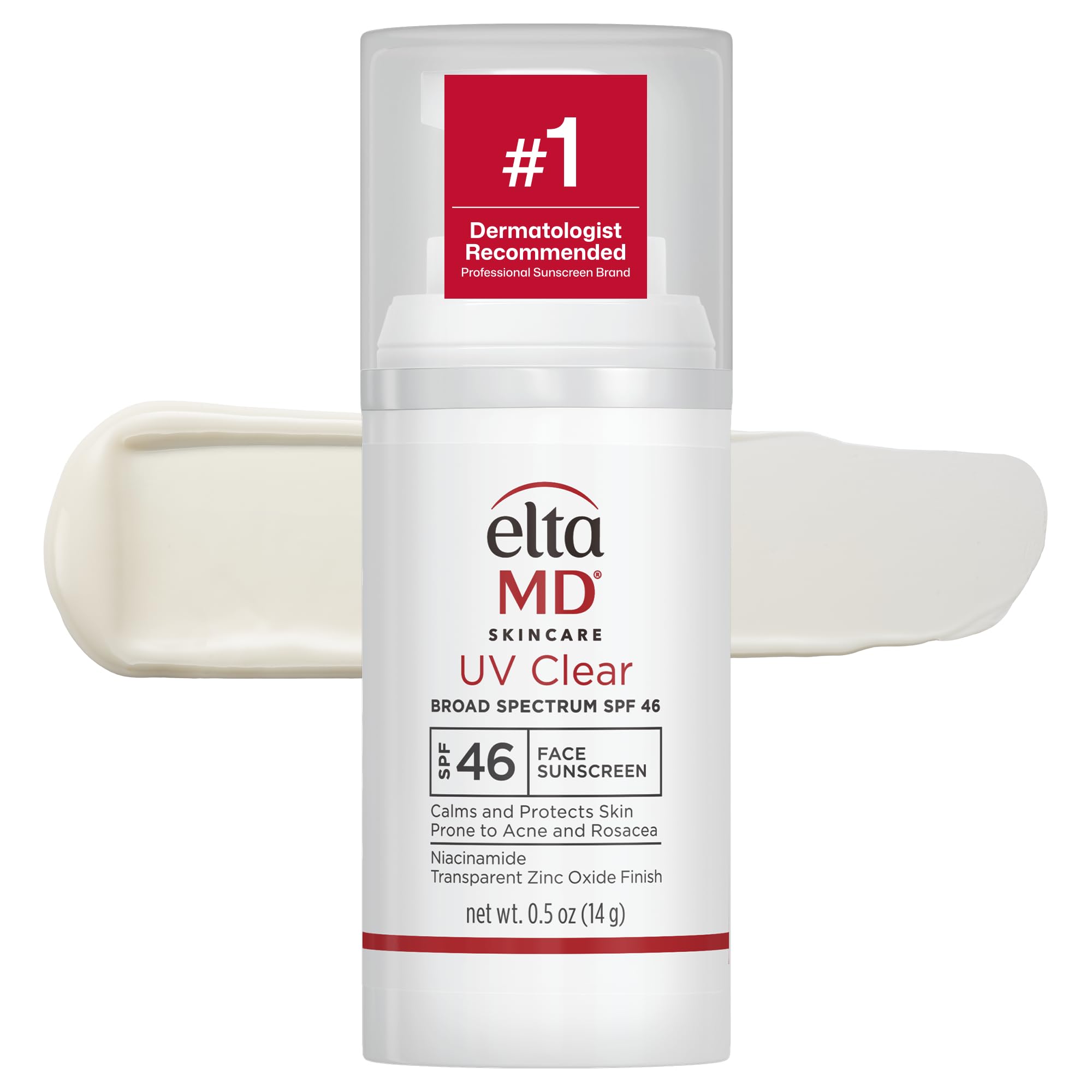 EltaMD UV Clear untinted pump front view showing compact travel bottle and SPF 46