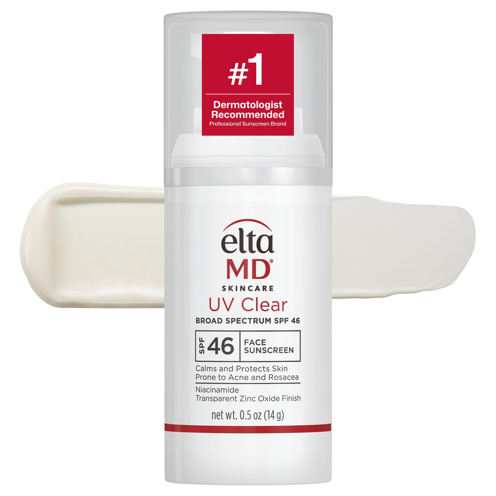 EltaMD UV Clear untinted pump front view showing compact travel bottle and SPF 46