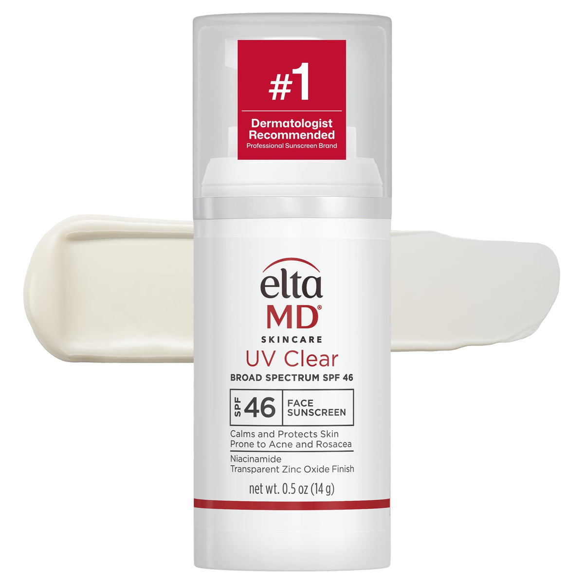 EltaMD UV Clear untinted pump front view showing compact travel bottle and SPF 46