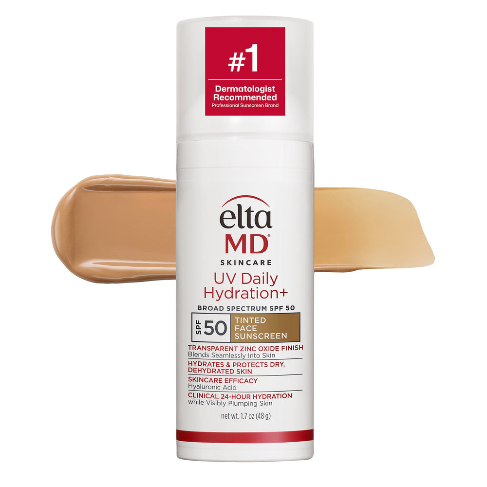 EltaMD UV Daily Hydration+ front packaging showing SPF 50 and tint, brand offers protective hydration
