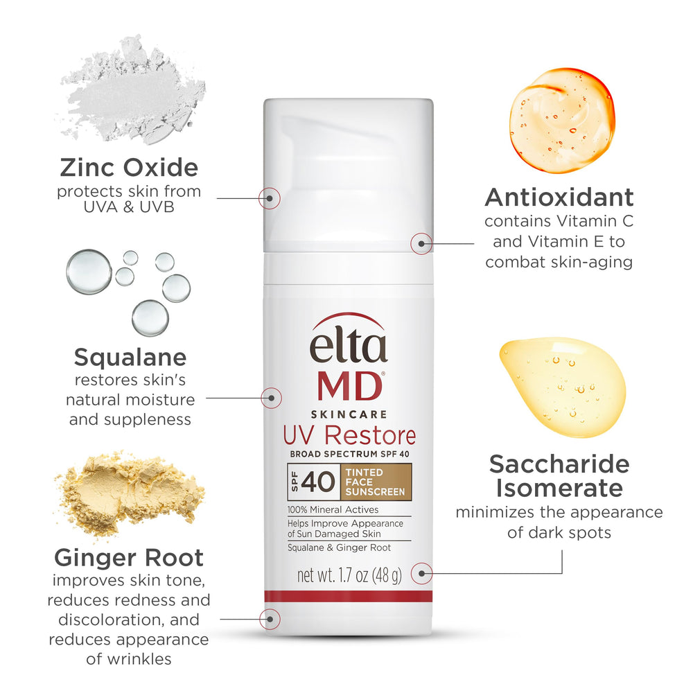 EltaMD UV Restore swatches on skin demonstrating tint range and blending benefit