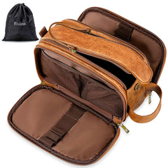Elviros front view brown PU toiletry bag showing sleek travel-ready design and durability